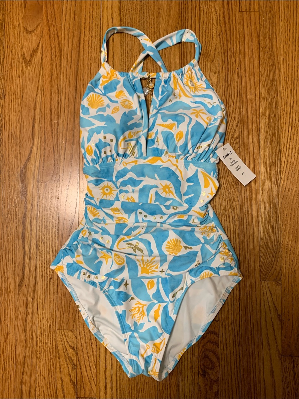 La Blanca swimsuit - high neck keyhole one piece, blue & white trinket treasure